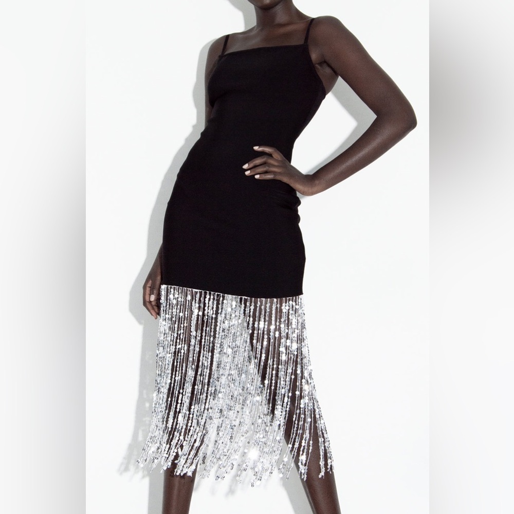 MyKristi CRISTALLE | WOMEN'S BLACK SEQUIN FRINGE SPAGHETTI STRAP MINI DRESS